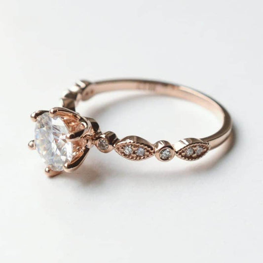 Vintage Floral Art Deco Diamond Ring, Wedding Bridal Ring, 14K Rose Gold, Moissanite Anniversary Ring / Wedding Ring/ Bridal Ring