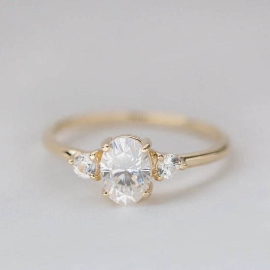 Oval Cut Moissanite Ring, Oval Cut 14K Solid Yellow Gold Diamond Three 3 Stone Wedding Ring Dainty Minimalist Promise Ring