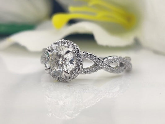 1CT Round Split Shank Colorless Moissanite Ring, Lab created diamond, Unique ring, Anniversary Ring / Engagement Ring / proposal Ring