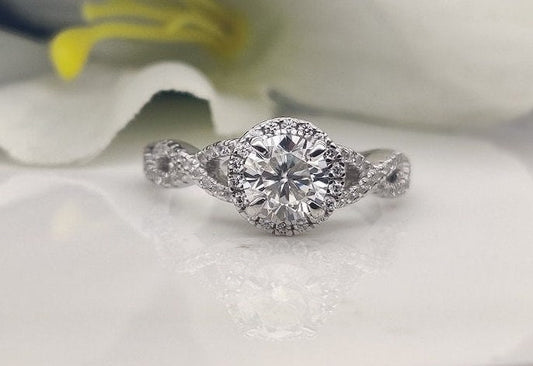 1CT Round Split Shank Colorless Moissanite Ring, Lab created diamond, Unique ring, Anniversary Ring / Engagement Ring / proposal Ring