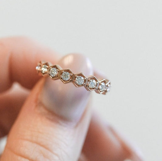 9 Stone Round Half Eternity Moissanite Bands, 14K Rose Gold. Lab Diamond, Everyday wear